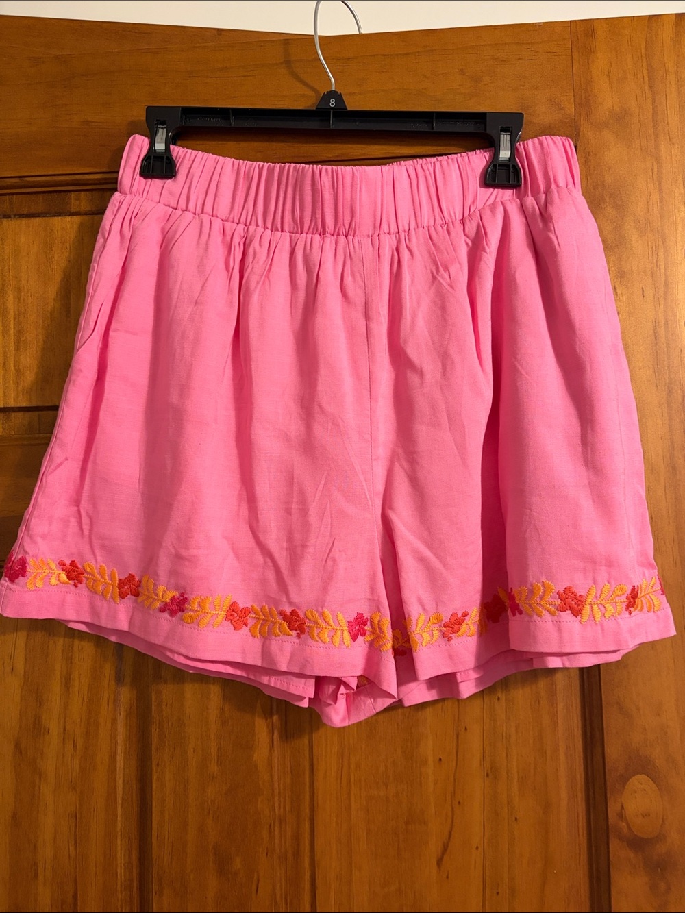 High-Waist Pink Embroidered Trim Women's Shorts